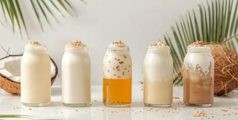 Five creative coconut milk drinks with nata de coco in mason jars, topped with coconut cream